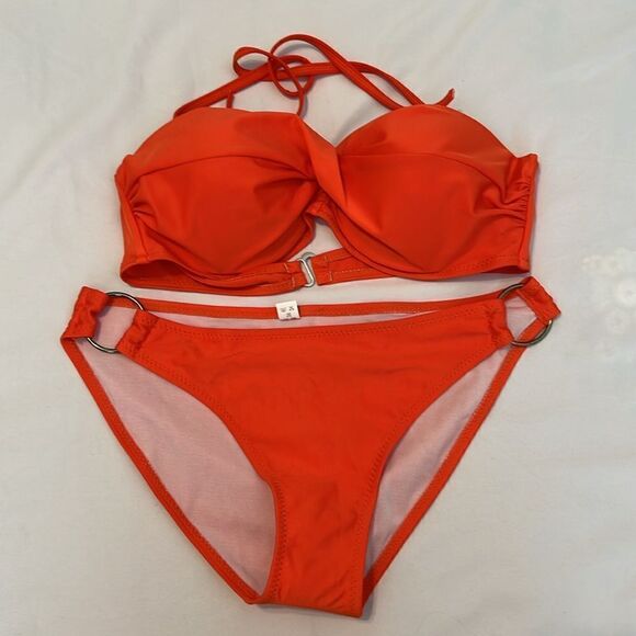 NWOT szL orange bikini structured cups removable halter straps bottom side rings - Picture 2 of 12